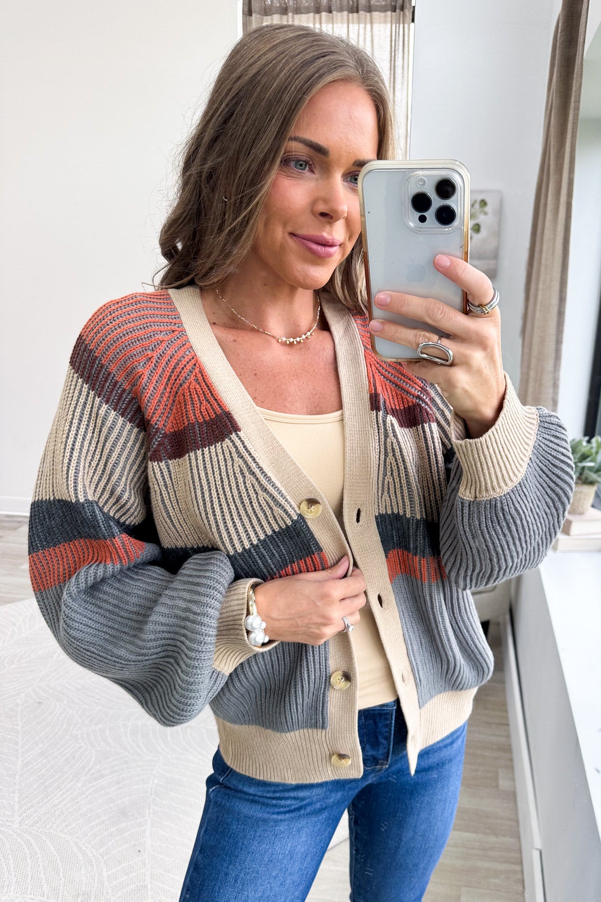 Rust And Grey V-Neck Button Down Sweater Cardigan