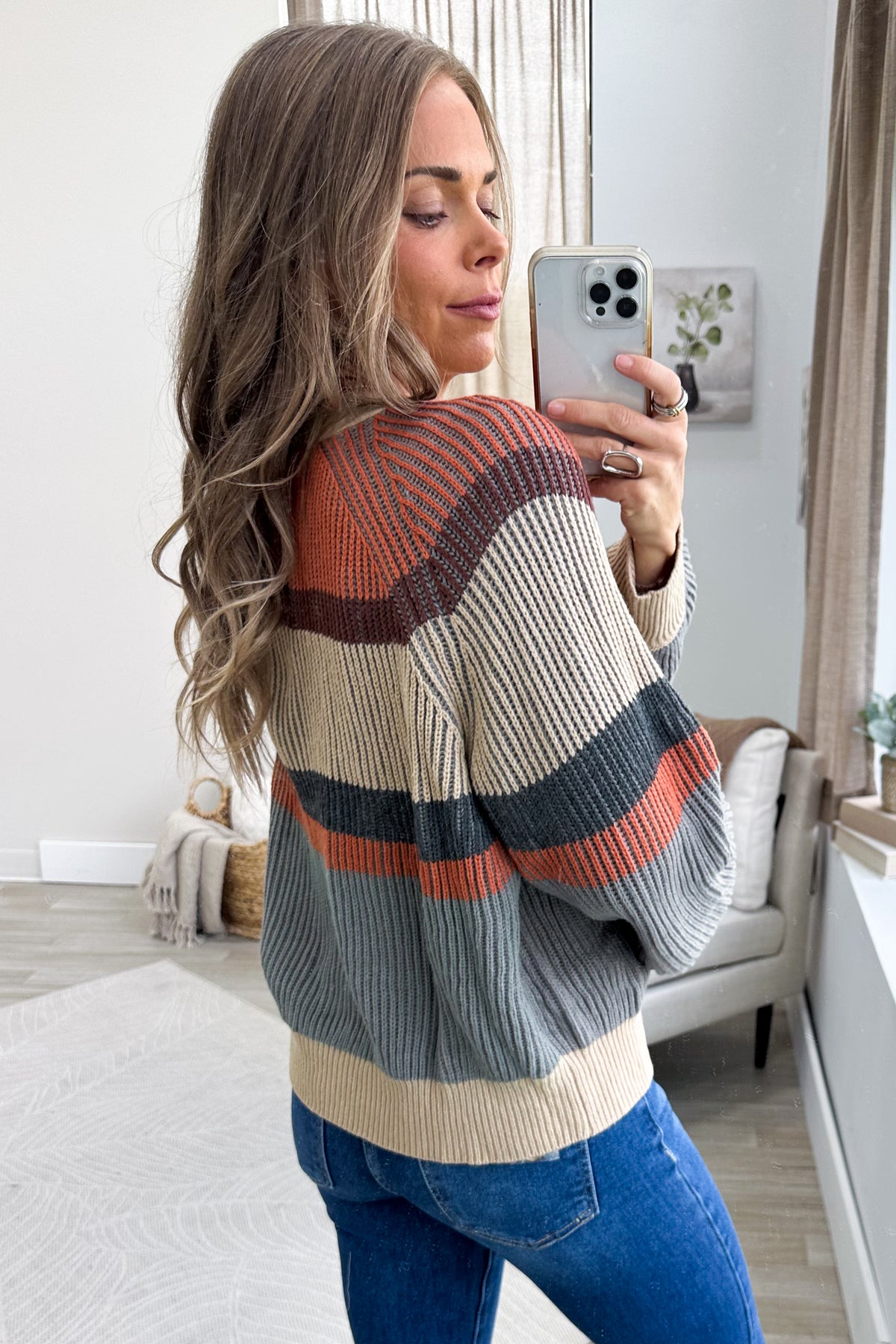 Rust And Grey V-Neck Button Down Sweater Cardigan