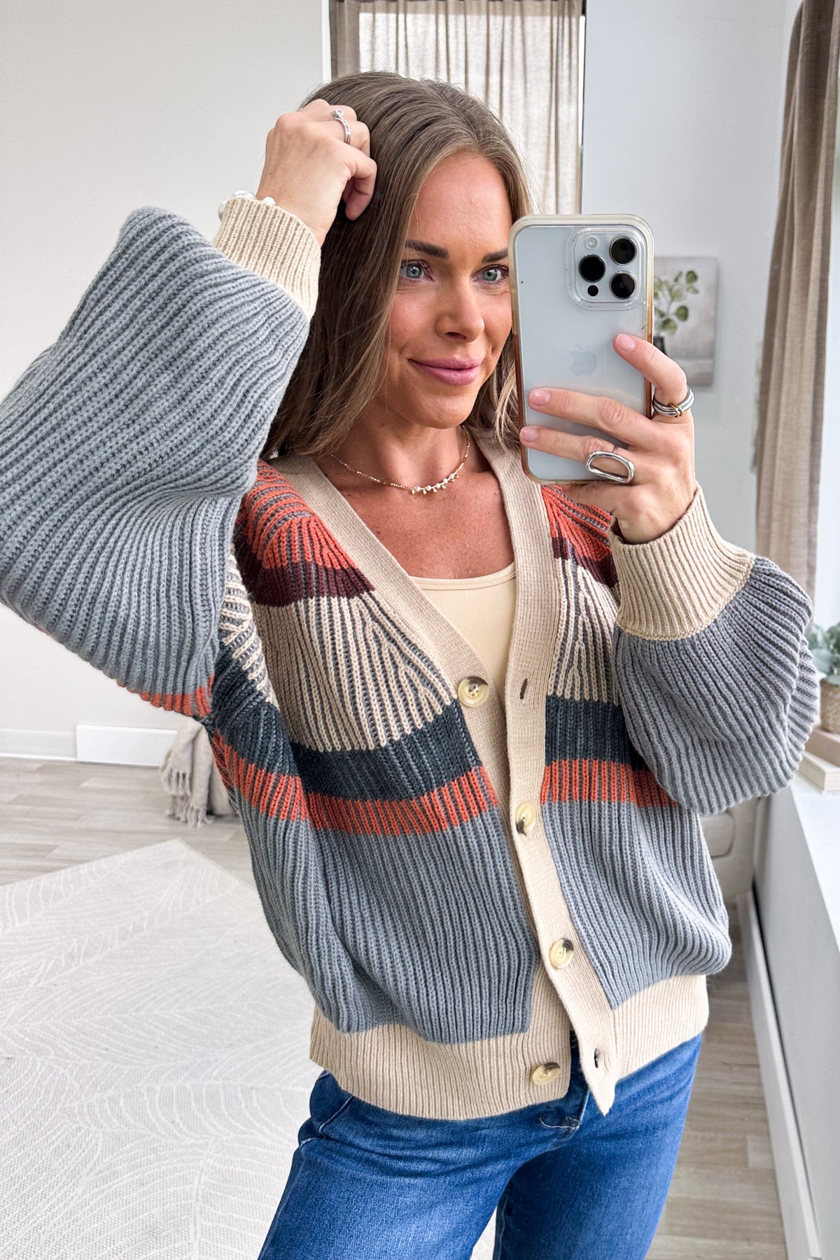 Rust And Grey V-Neck Button Down Sweater Cardigan