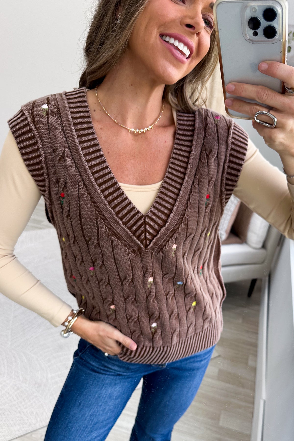 Chocolate Floral Embroidered Knit Sweater Vest