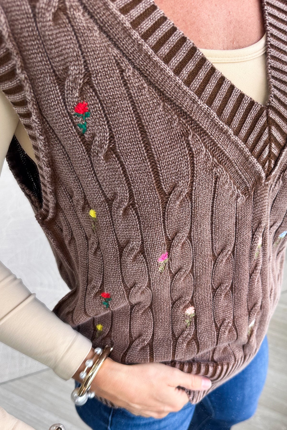 Chocolate Floral Embroidered Knit Sweater Vest