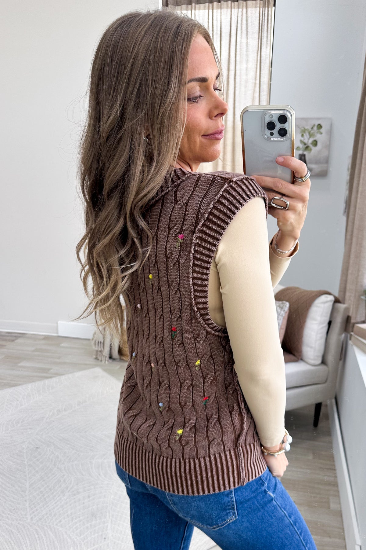 Chocolate Floral Embroidered Knit Sweater Vest