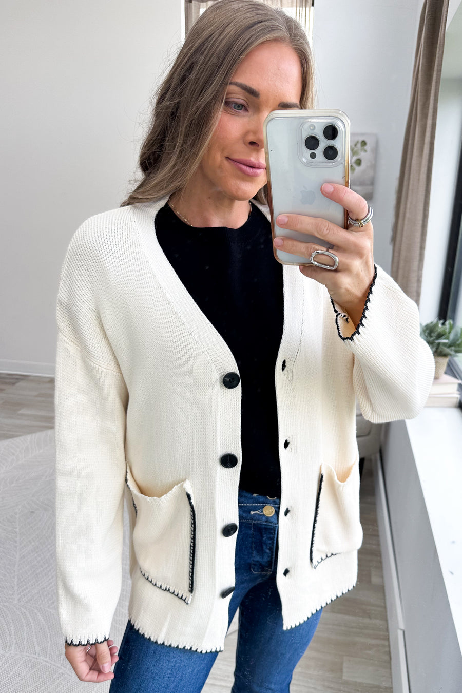 Cream With Black Stitch Button Down Cardigan
