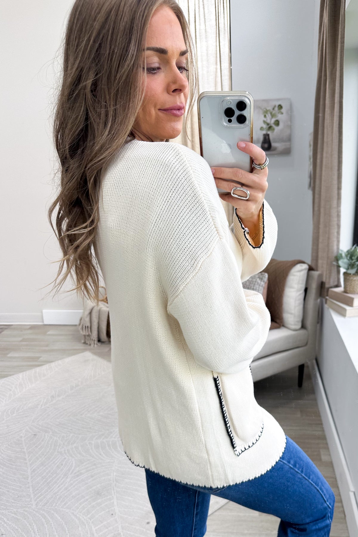 Cream With Black Stitch Button Down Cardigan