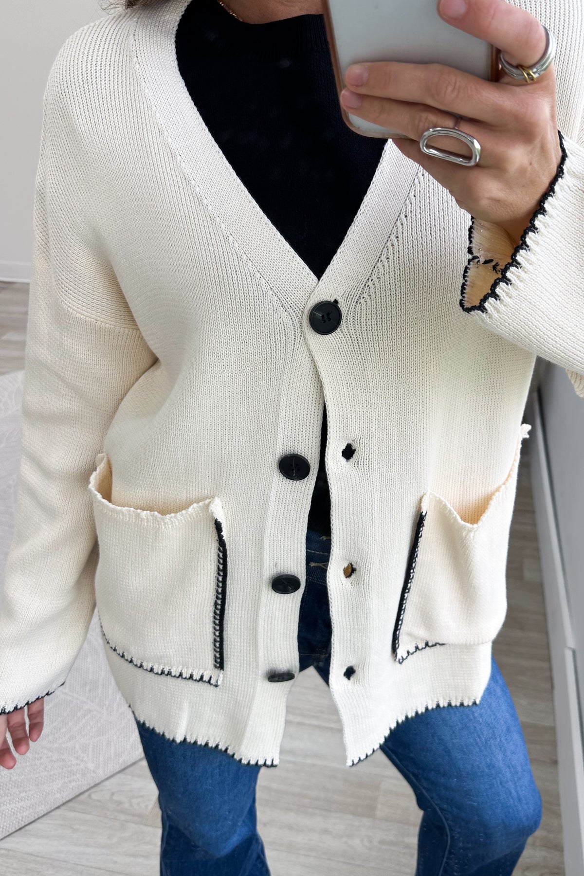 Cream With Black Stitch Button Down Cardigan