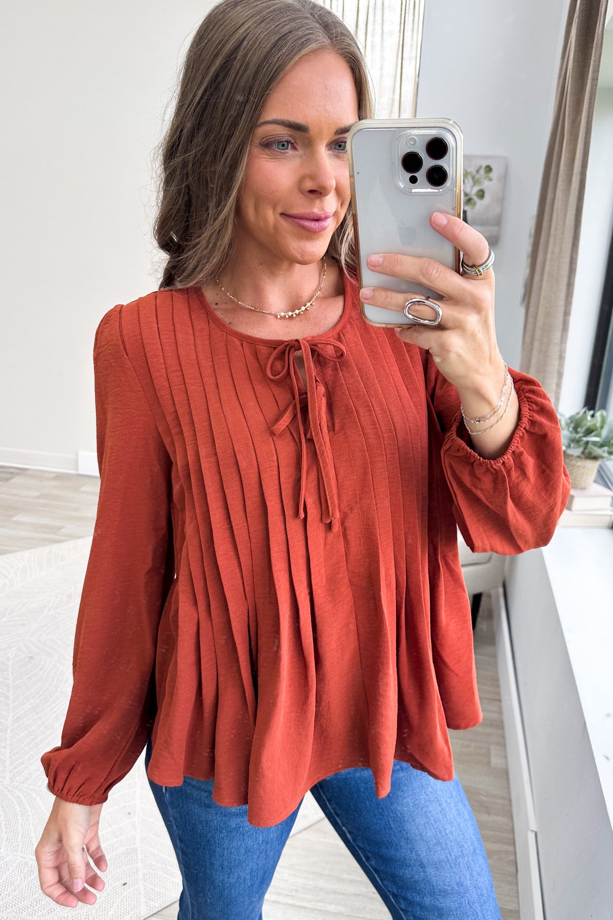 Rust Pleated Scoop Neck With Ribbon Bow Woven Top