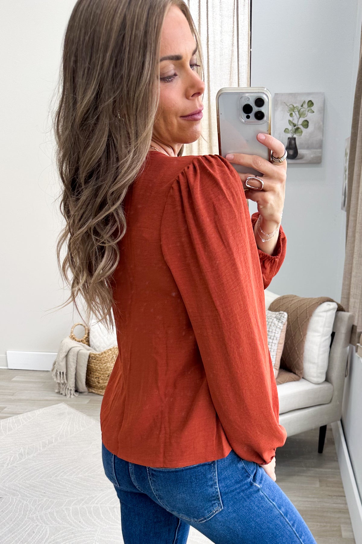 Rust Pleated Scoop Neck With Ribbon Bow Woven Top