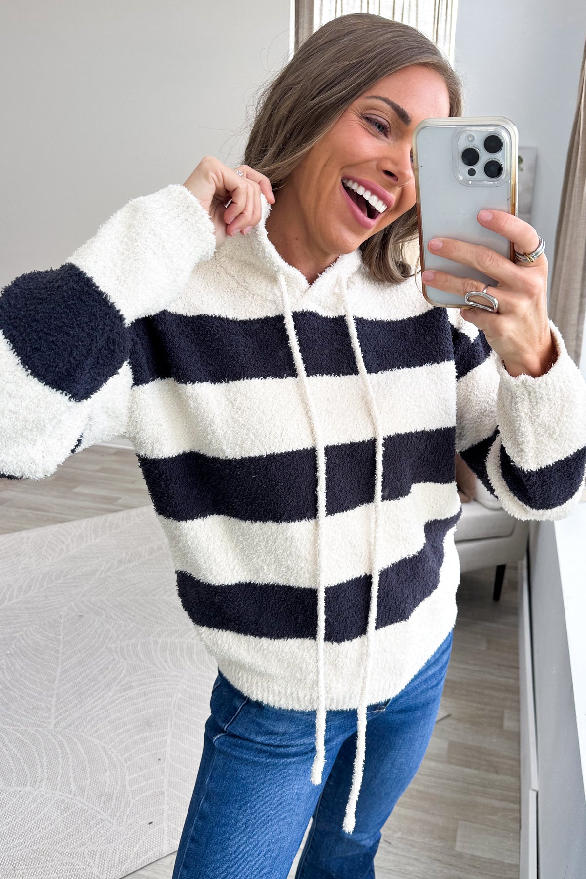 Charocal and Cream Striped Sherpa Drawstring Hoodie