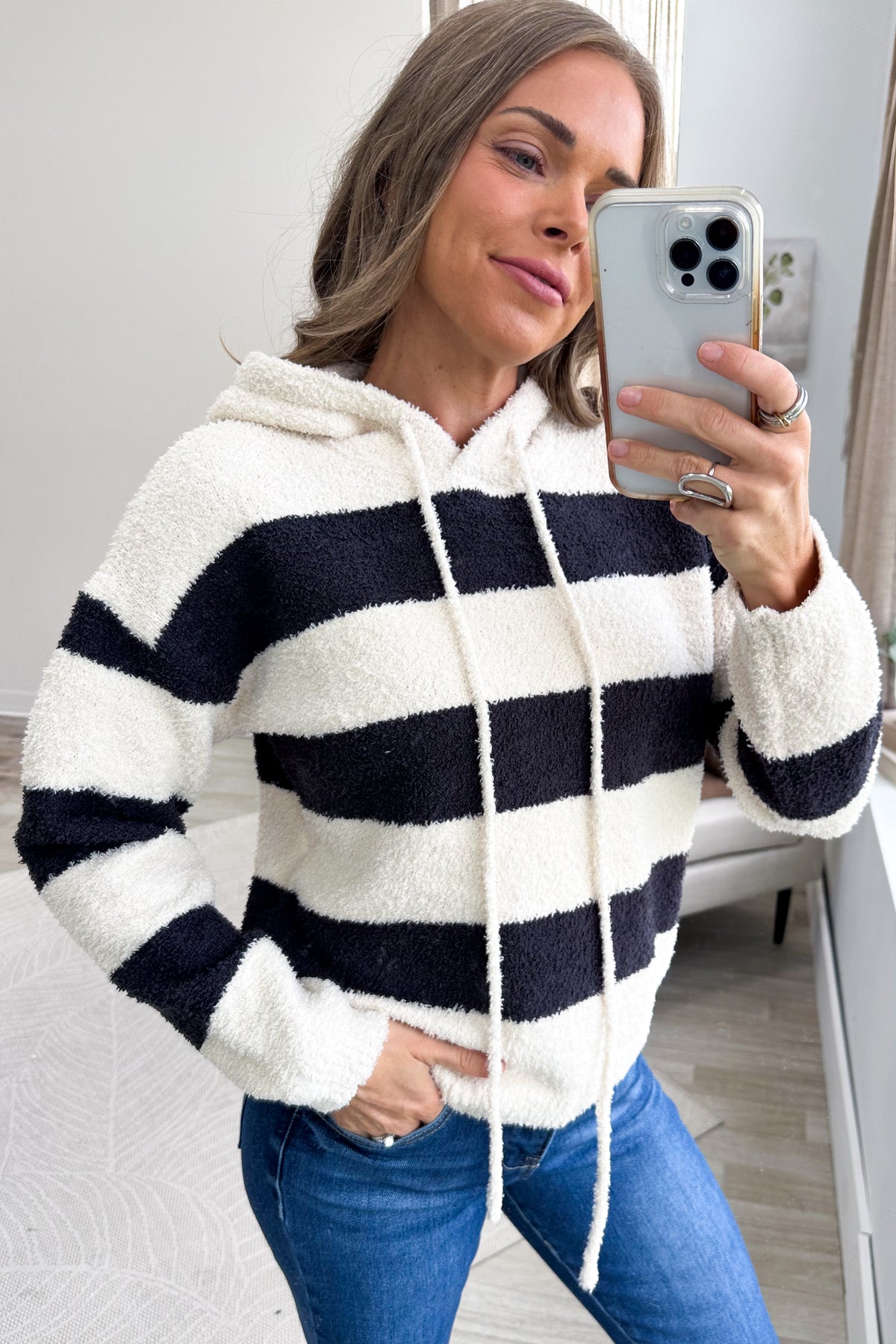 Charocal and Cream Striped Sherpa Drawstring Hoodie