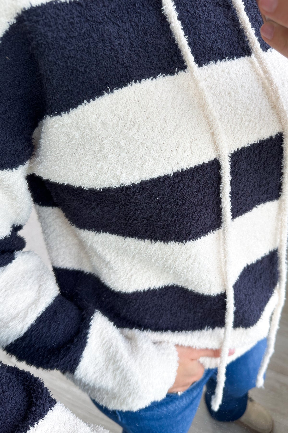 Charocal and Cream Striped Sherpa Drawstring Hoodie