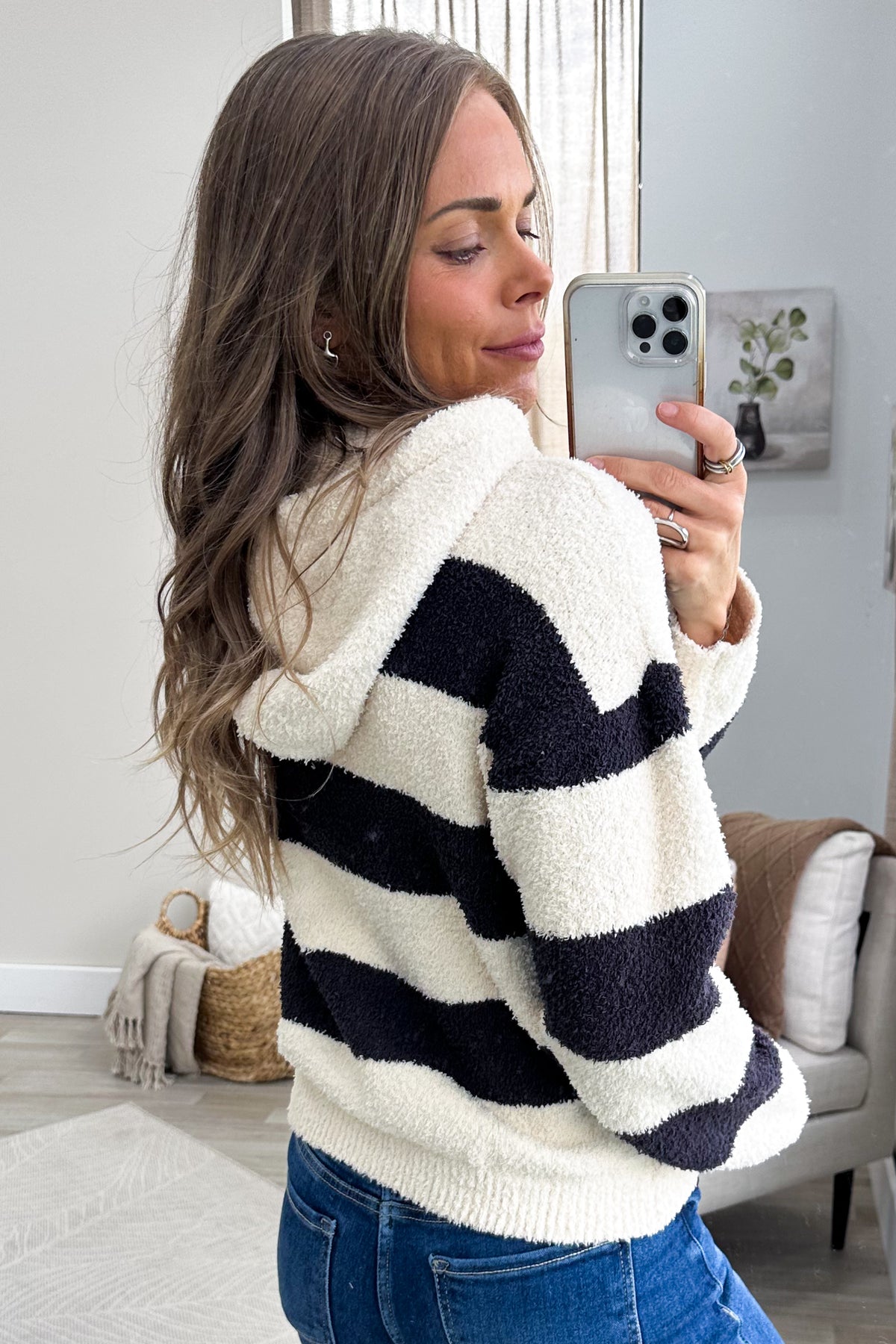 Charocal and Cream Striped Sherpa Drawstring Hoodie