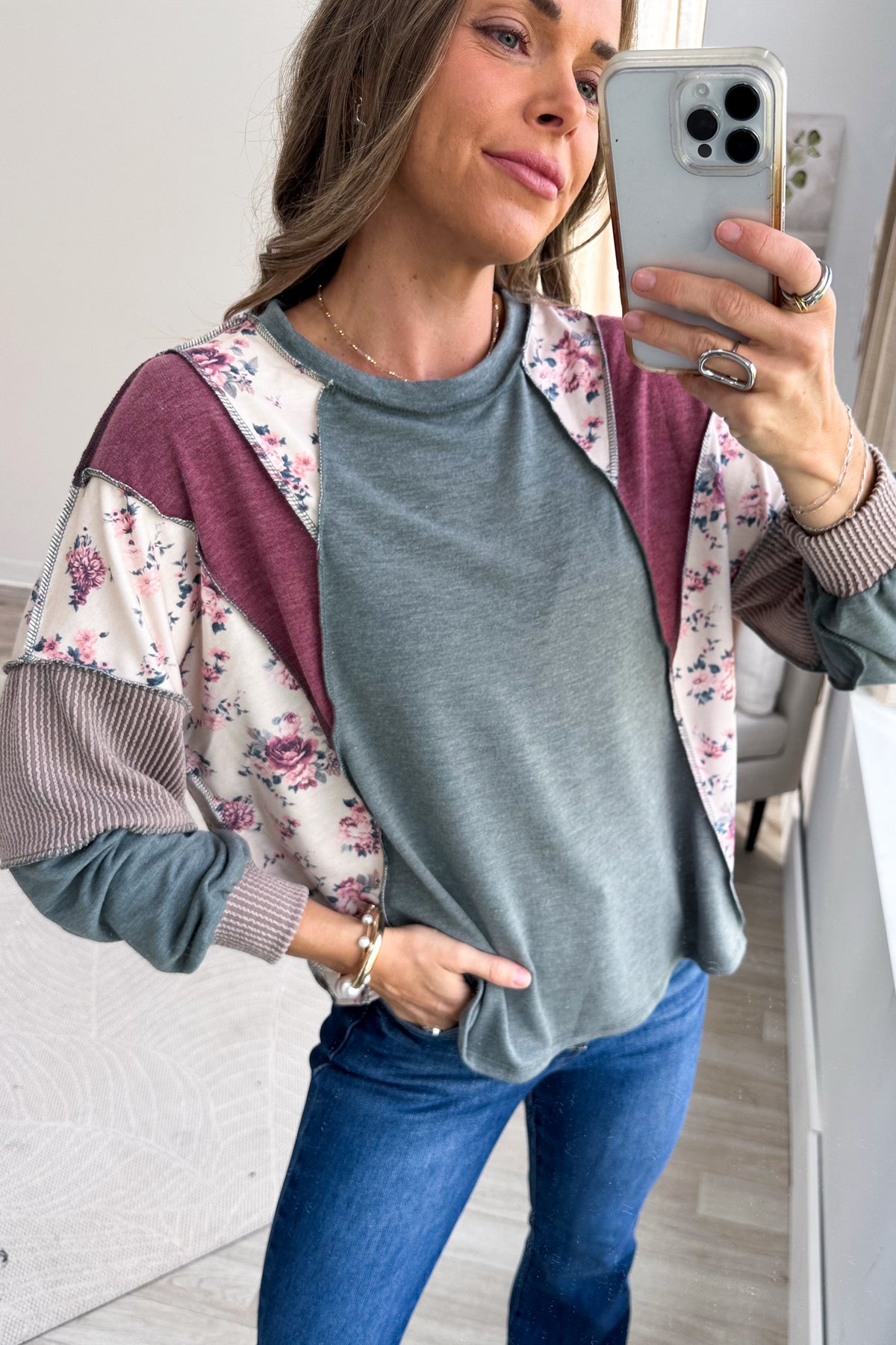 Olive Mixed Media Knit Long Sleeve Top