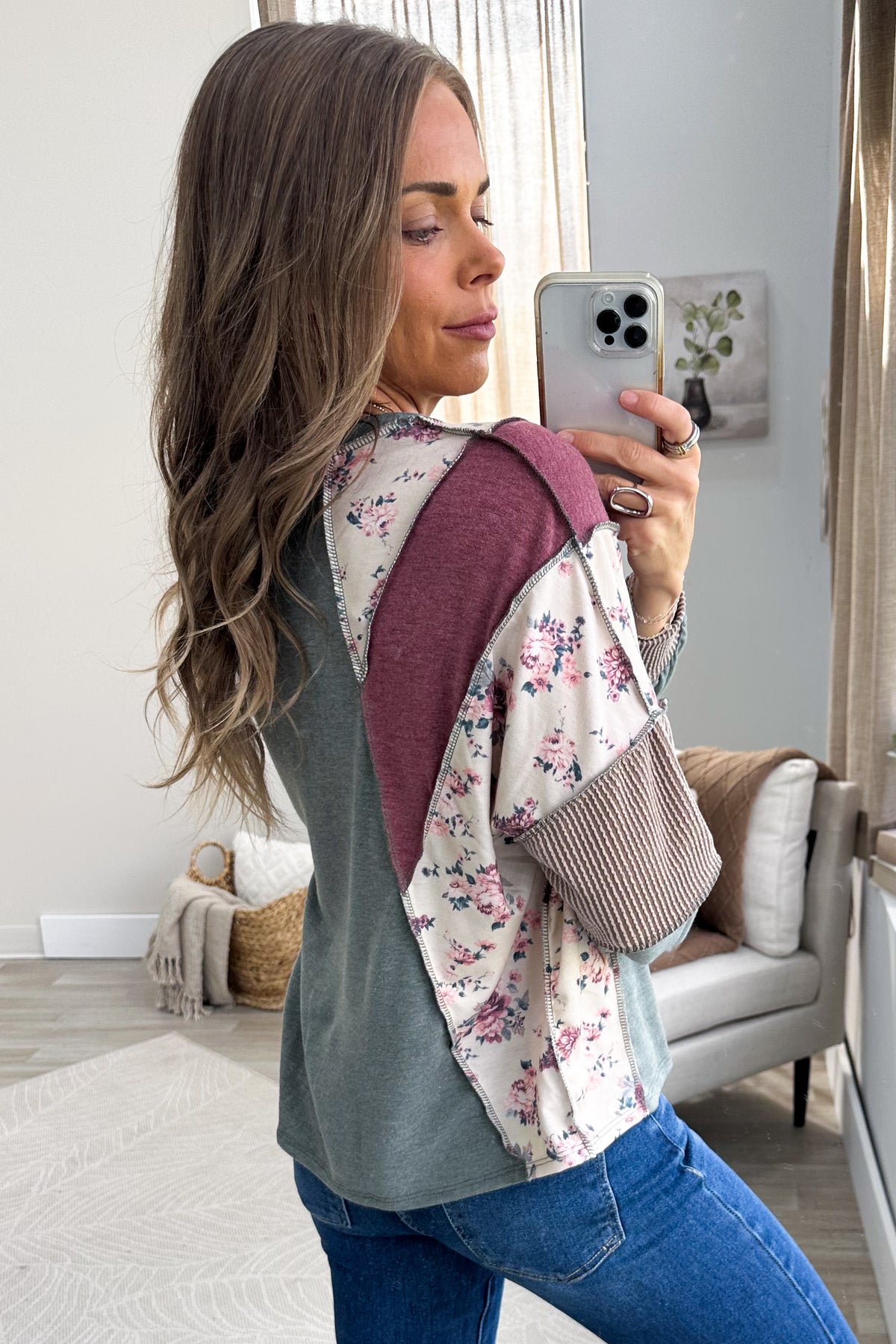Olive Mixed Media Knit Long Sleeve Top