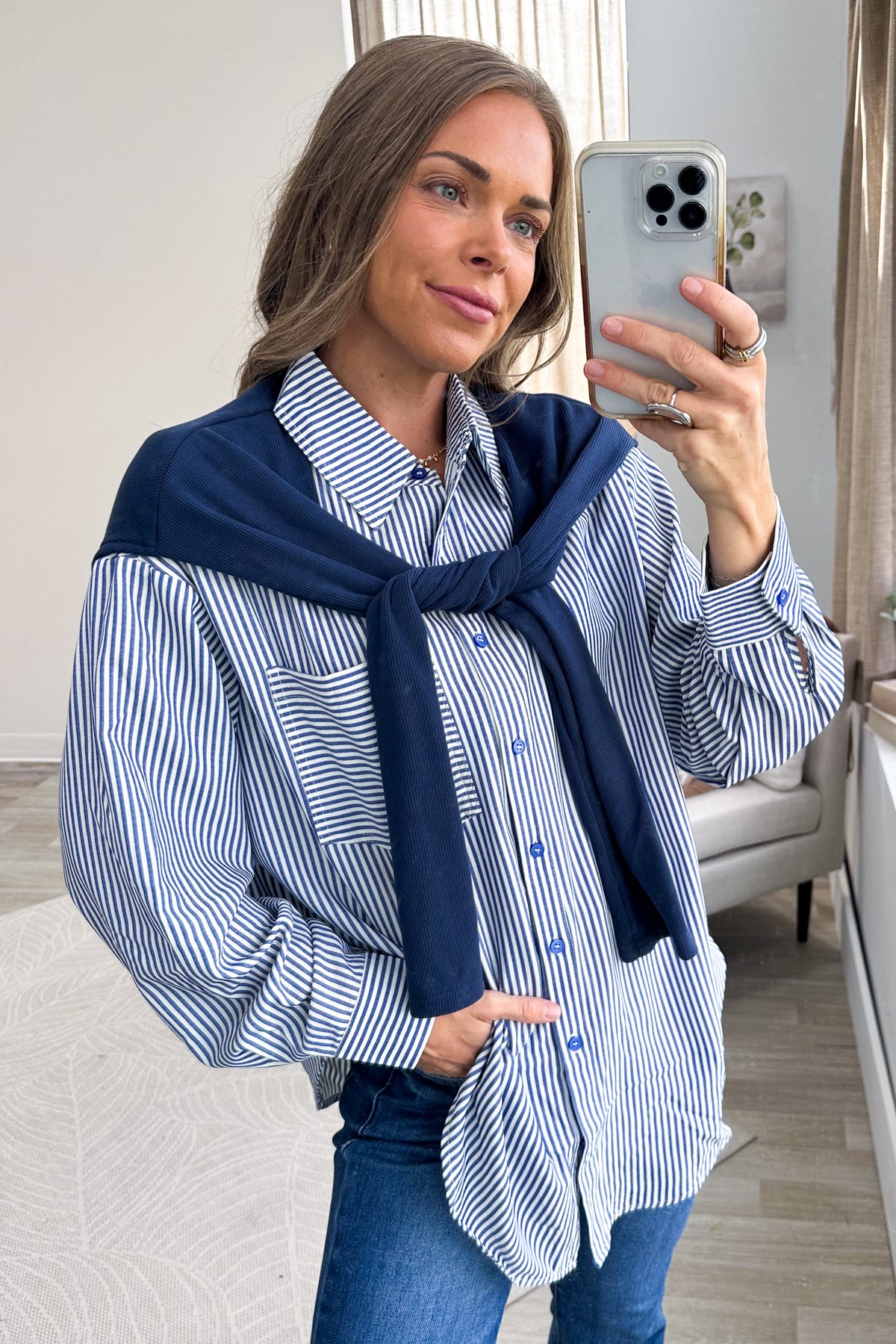 Navy Striped Button Up shirt With Faux Tie