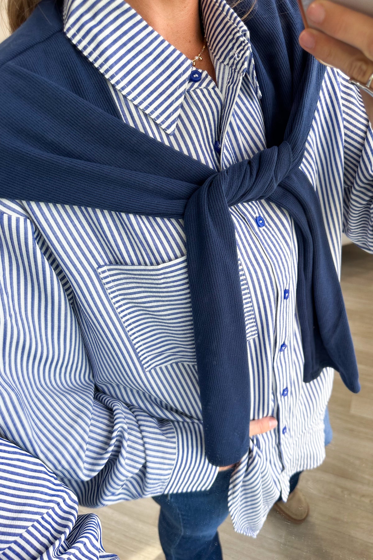 Navy Striped Button Up shirt With Faux Tie