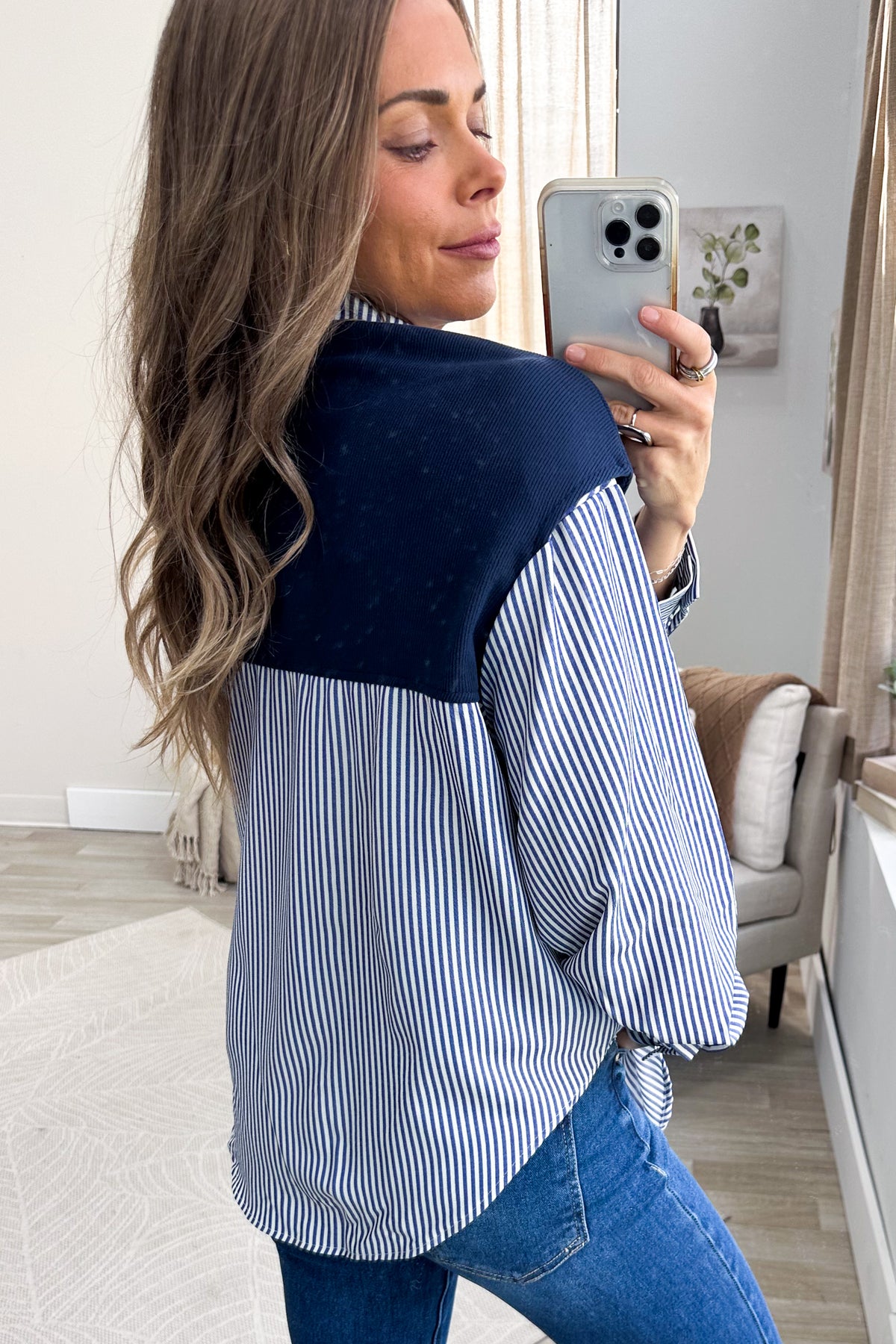 Navy Striped Button Up shirt With Faux Tie