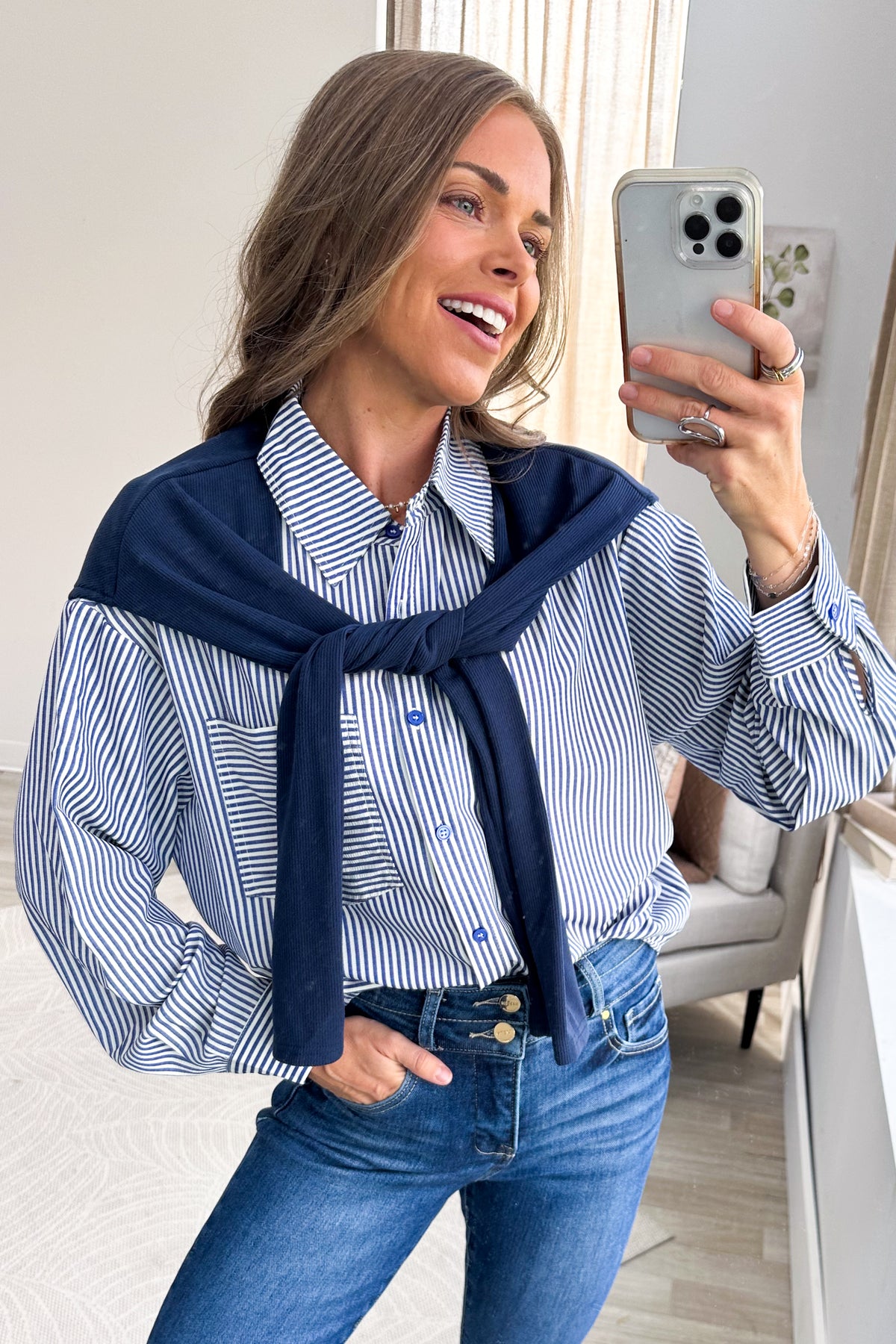 Navy Striped Button Up shirt With Faux Tie