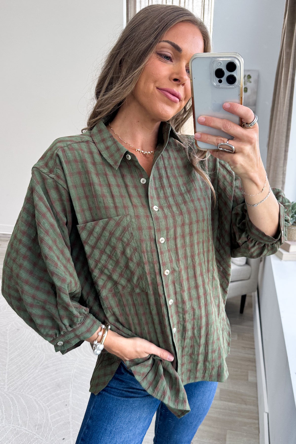 Olive Plaid Oversized Quarter Sleeve Button Down Top