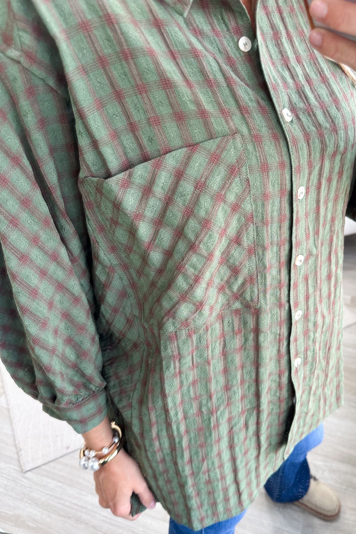 Olive Plaid Oversized Quarter Sleeve Button Down Top
