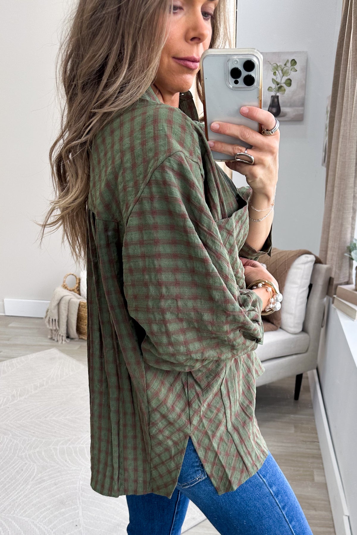 Olive Plaid Oversized Quarter Sleeve Button Down Top