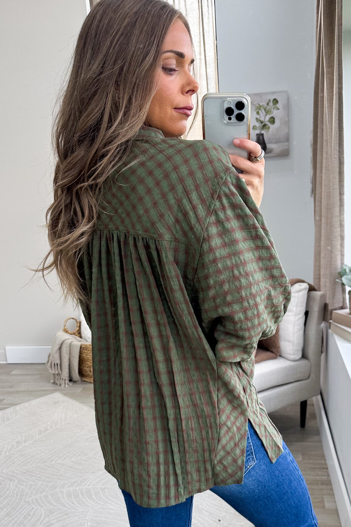 Olive Plaid Oversized Quarter Sleeve Button Down Top