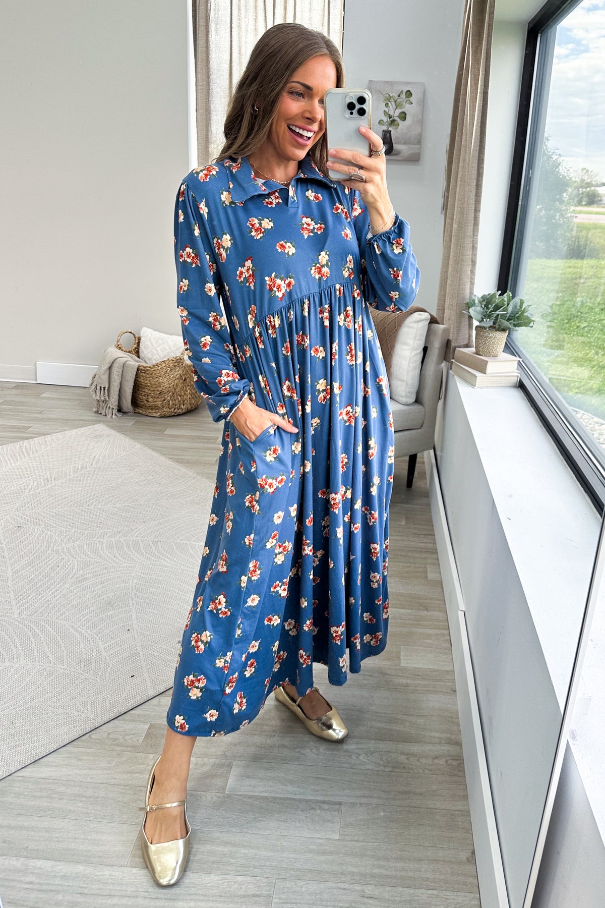 Slate Blue Floral Fit And Flare Maxi Dress