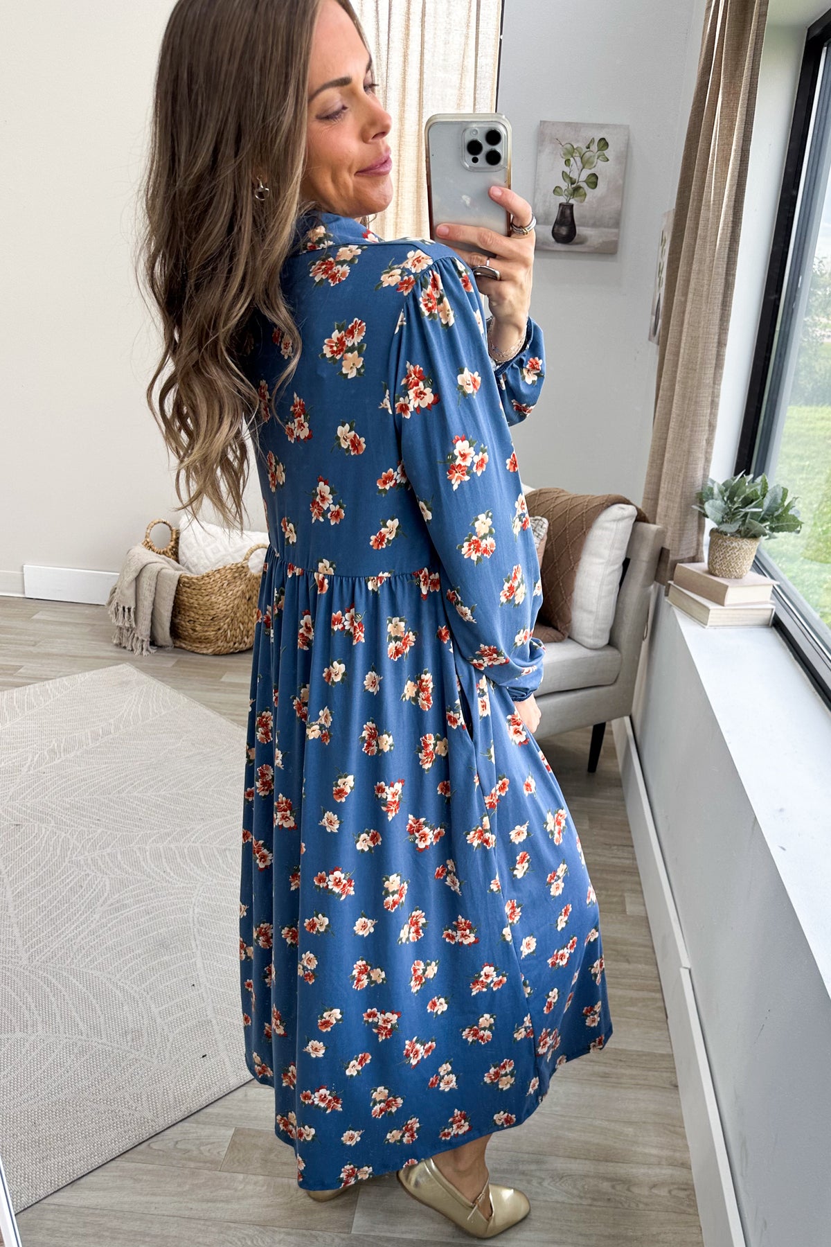 Slate Blue Floral Fit And Flare Maxi Dress