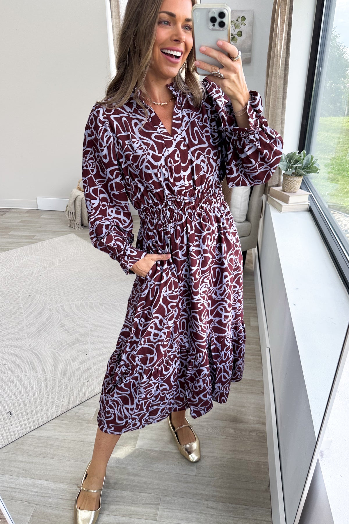Chestnut Abstract Print Smocked Tiered Midi Dress