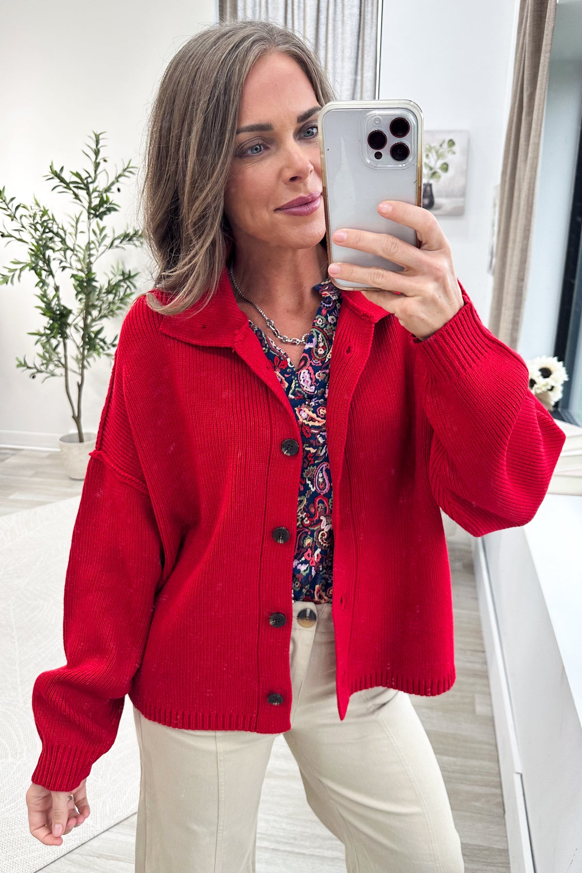 Red High Neck Relaxed Button Cardigan