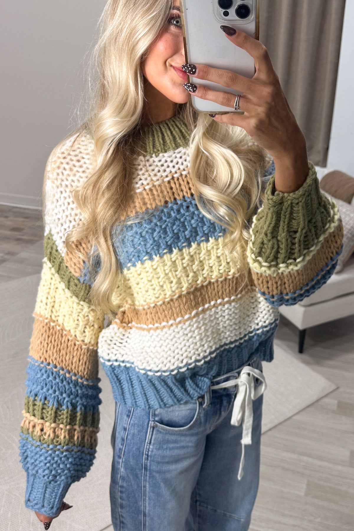 Dusty Blue Multi-colored Striped Crochet Sweater