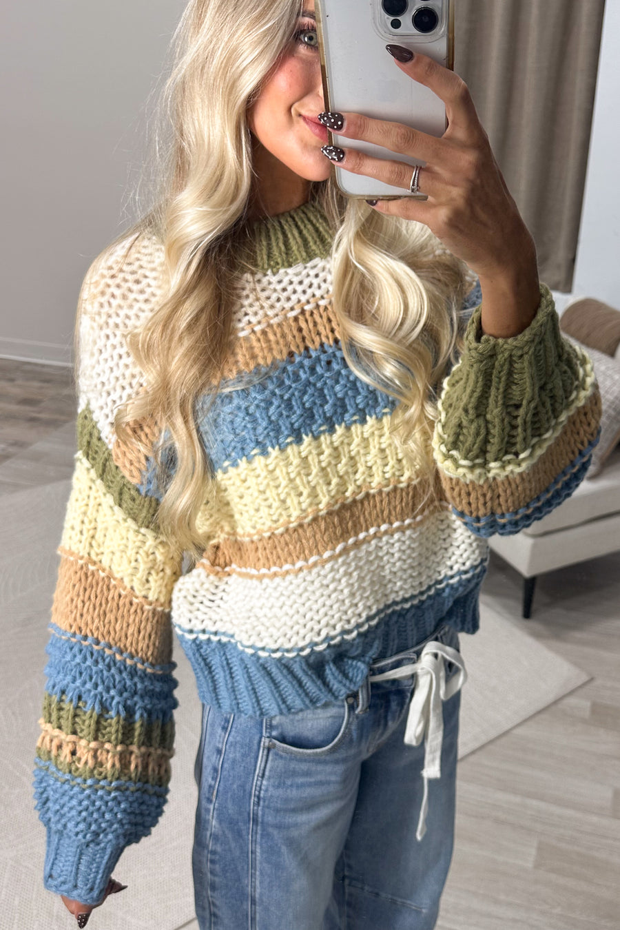 Dusty Blue Multi-colored Striped Crochet Sweater