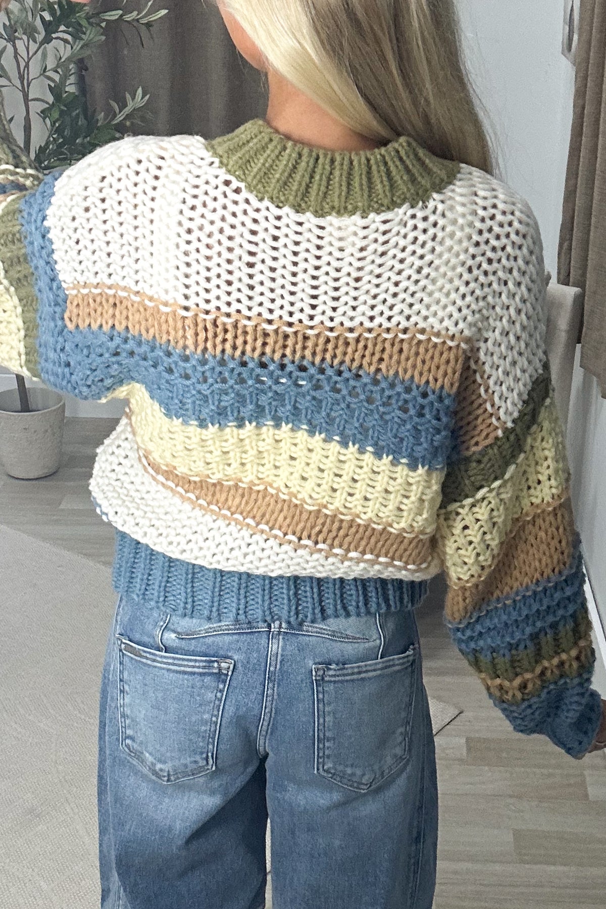 Dusty Blue Multi-colored Striped Crochet Sweater
