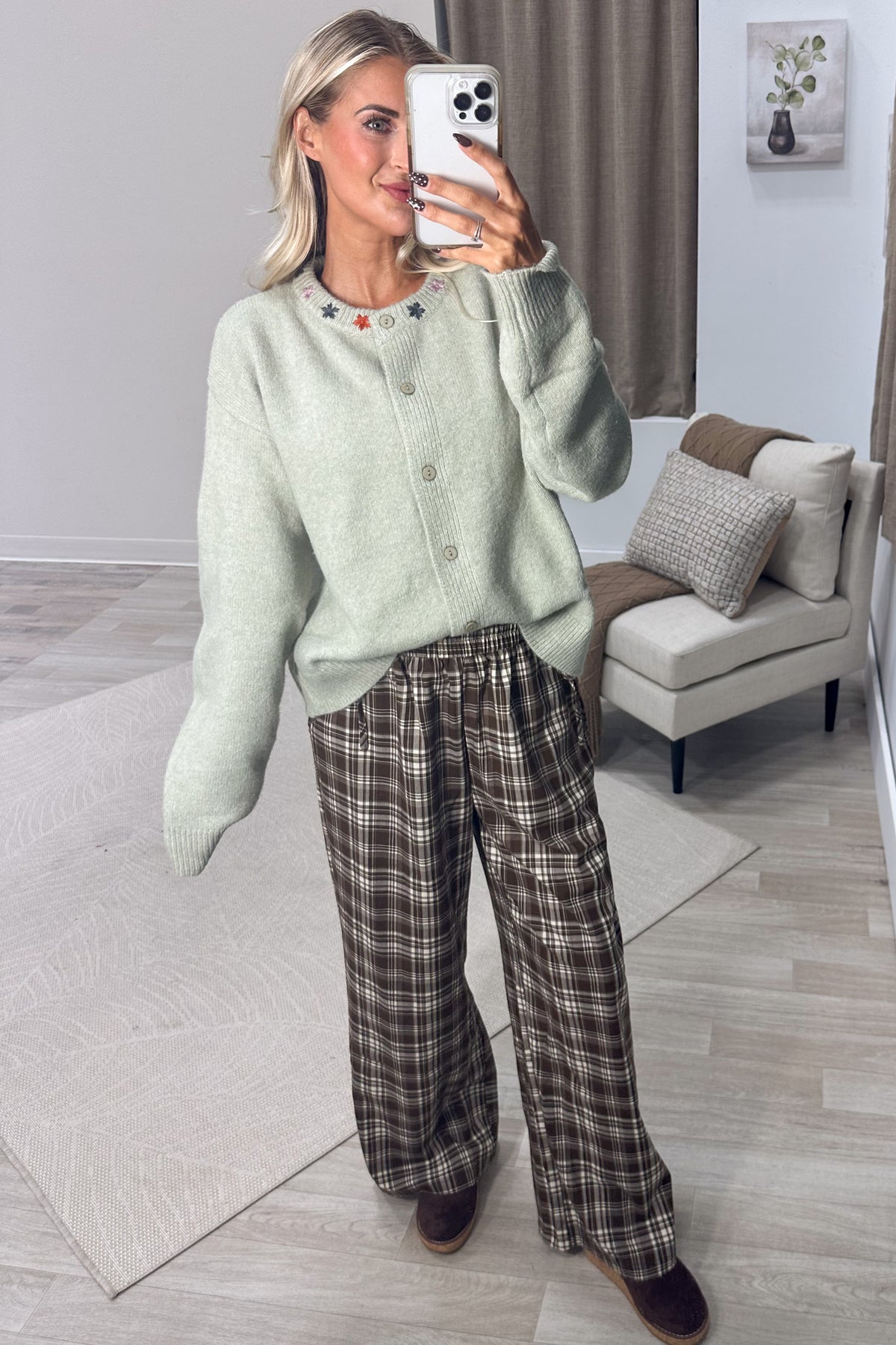 Sage With Embroidery Collar Button Up Cardigan