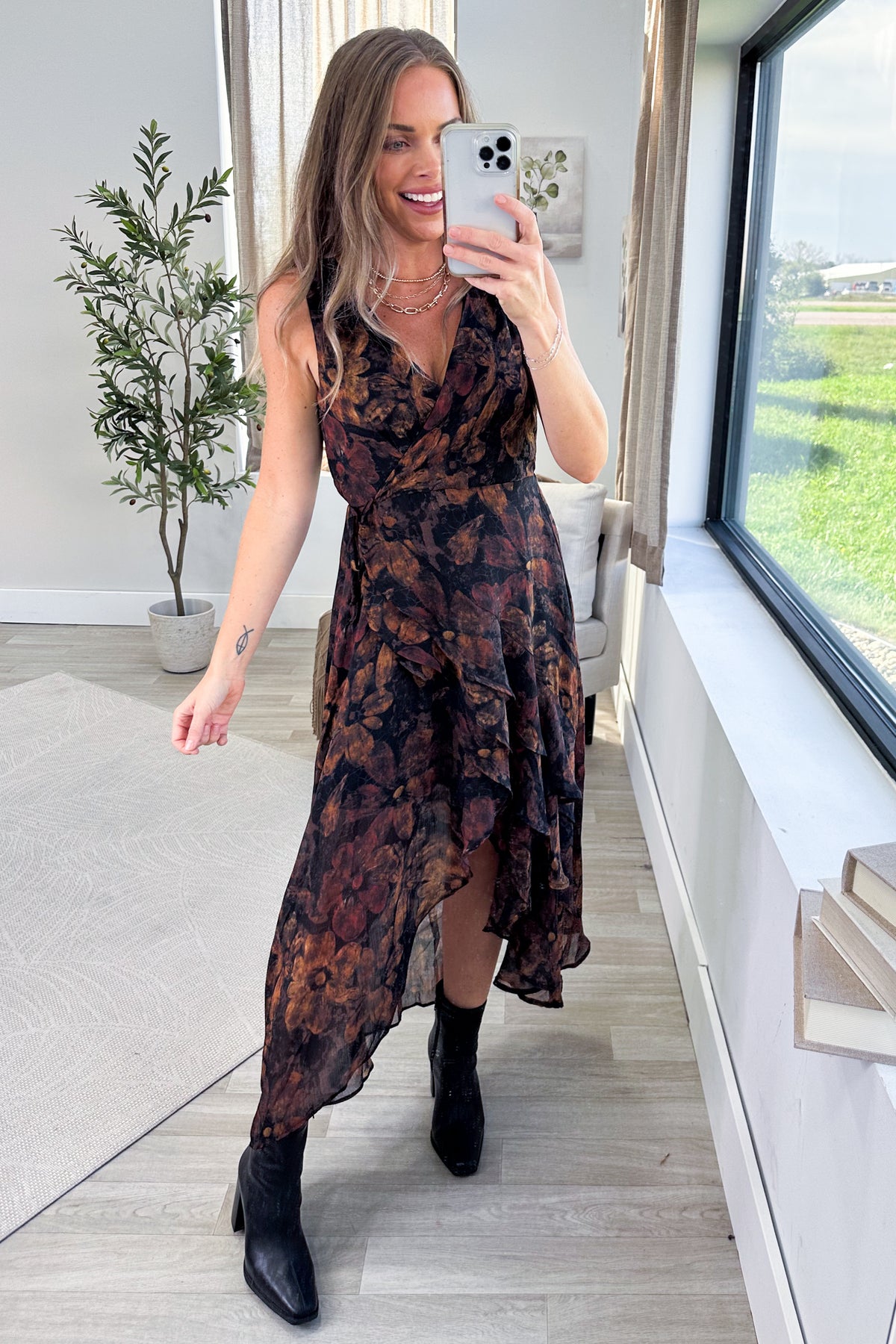 Black Floral Wrap High Low Surplice Midi Dress
