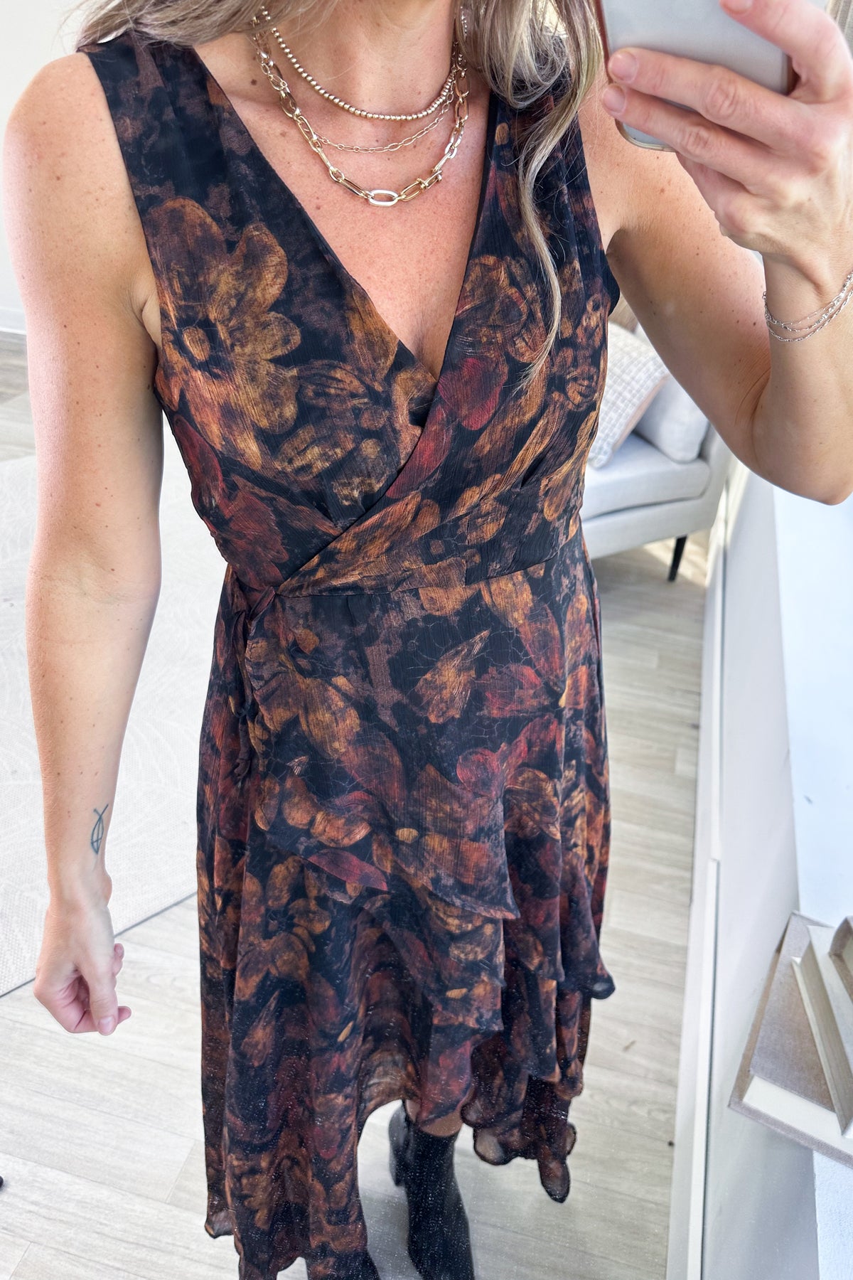 Black Floral Wrap High Low Surplice Midi Dress