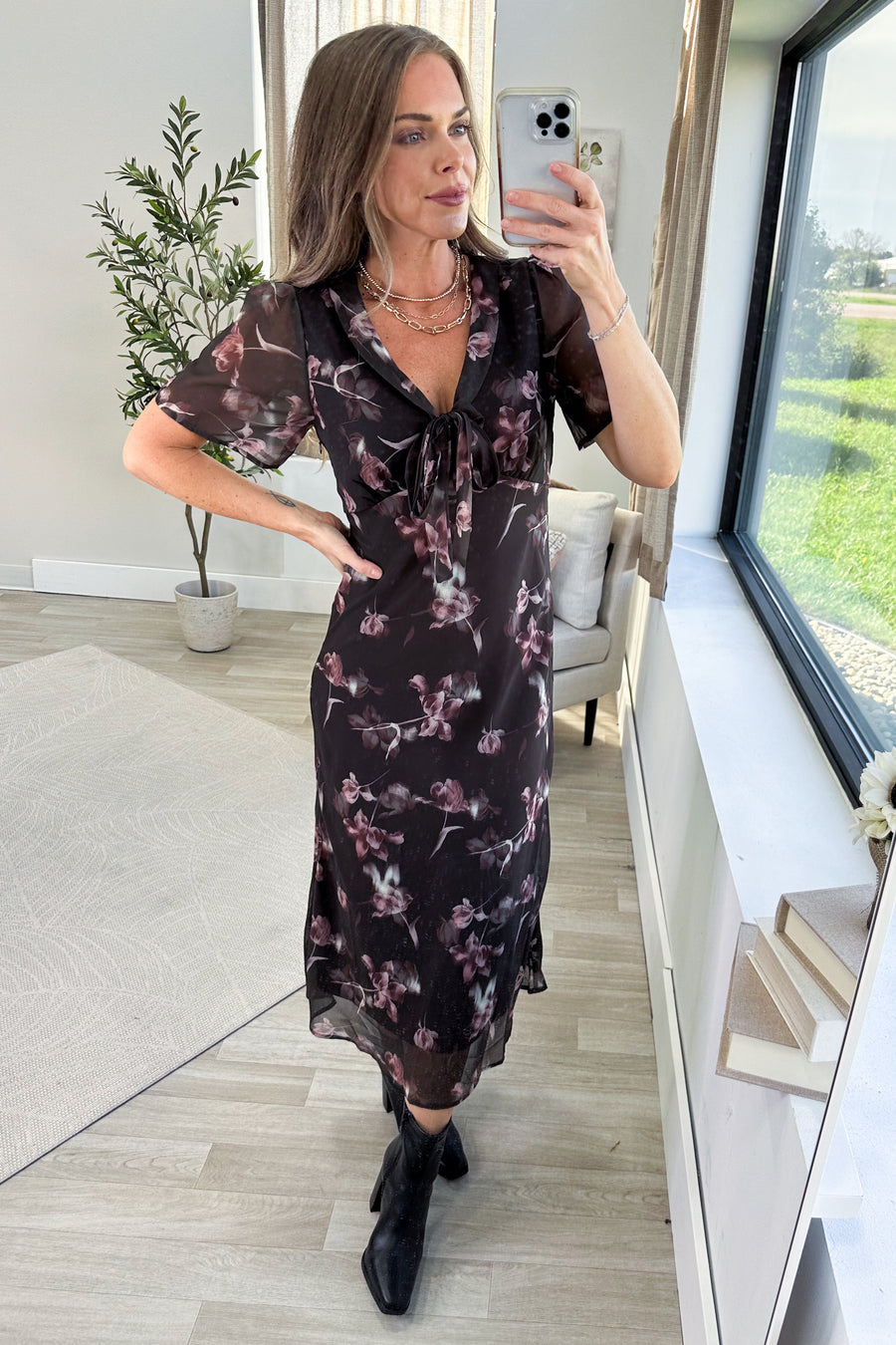 Charcoal Floral Print V-Neck Print Midi Dress