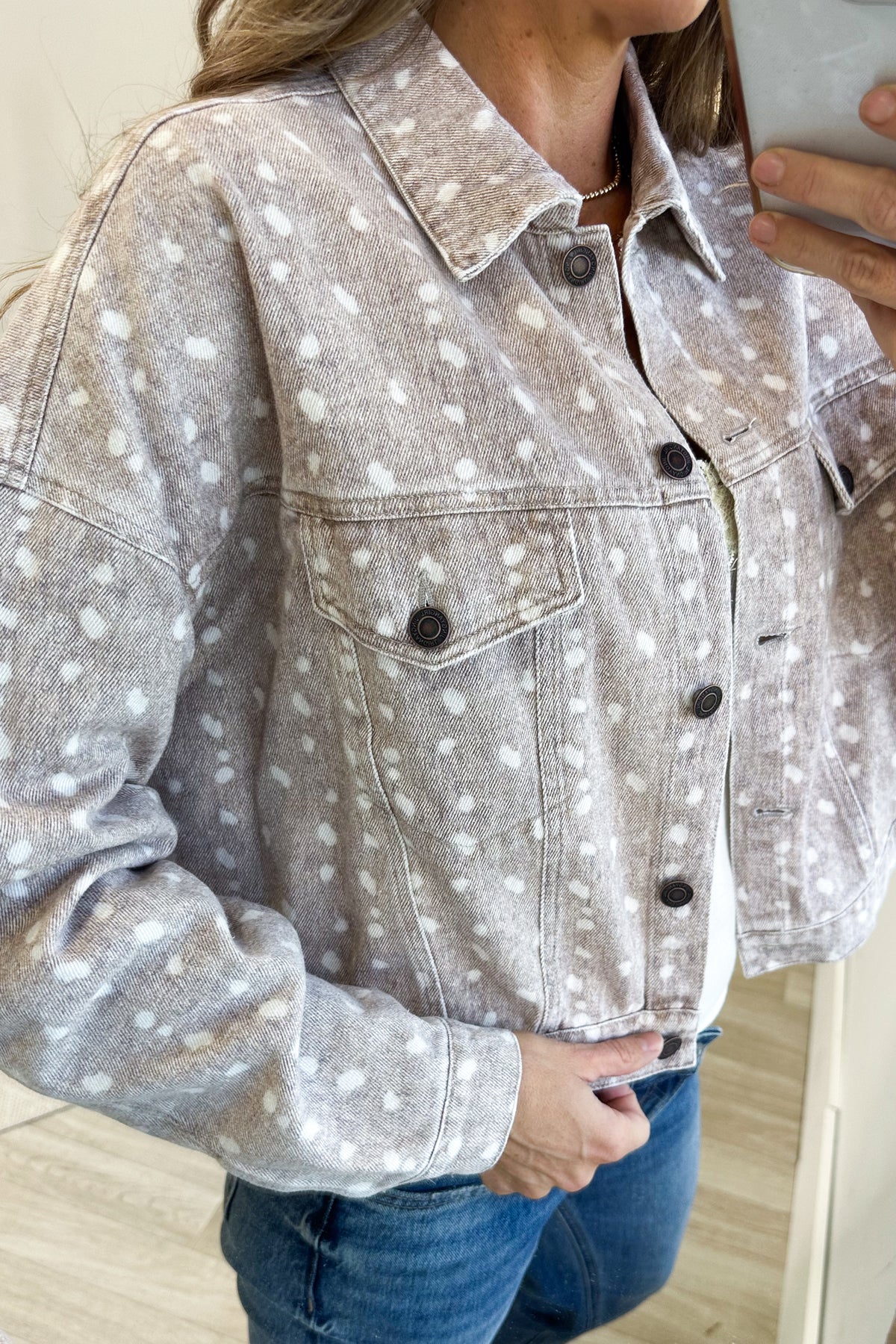 Mocha Washed Fawn Print High Low Denim Jacket