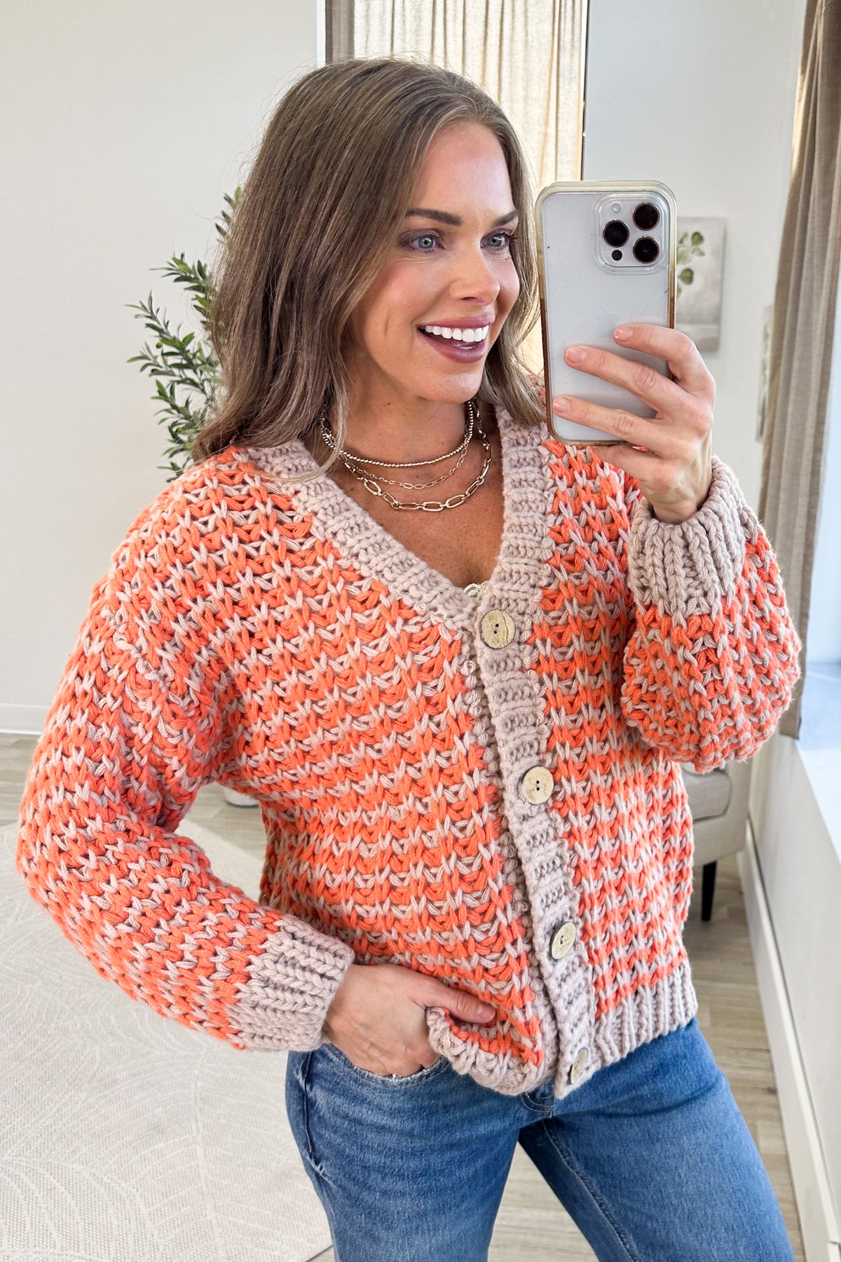 Orange And Taupe Chunky Sweater Cardigan