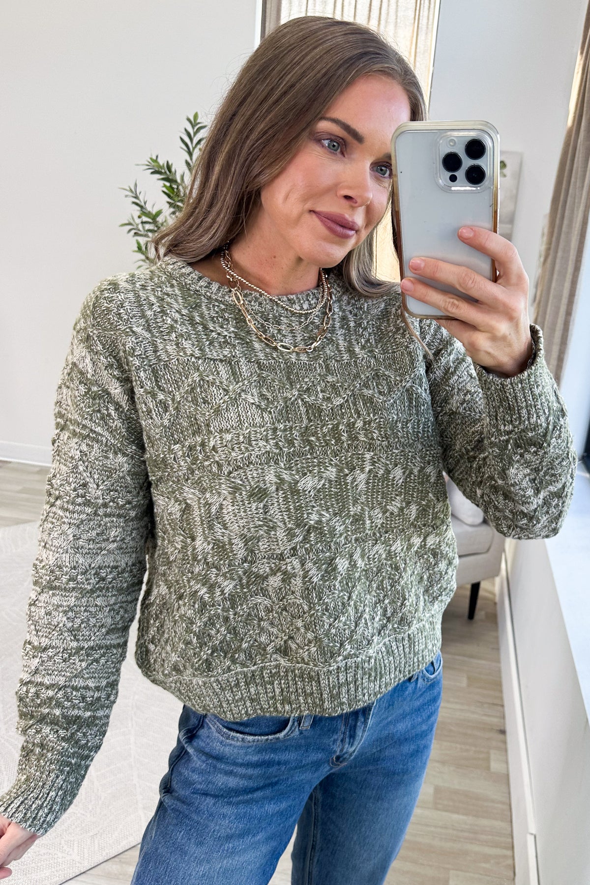Heathered Olive Cable Knit Crewneck Sweater
