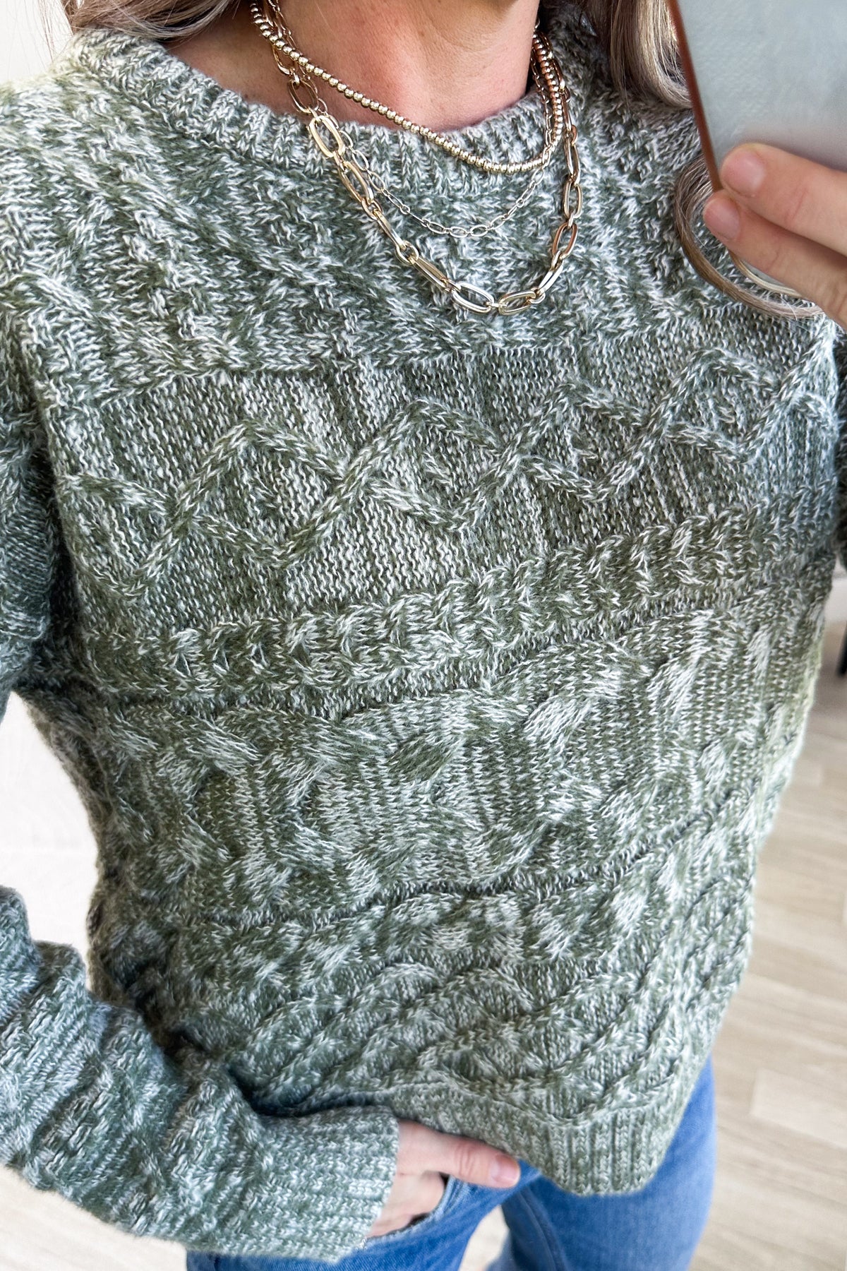 Heathered Olive Cable Knit Crewneck Sweater