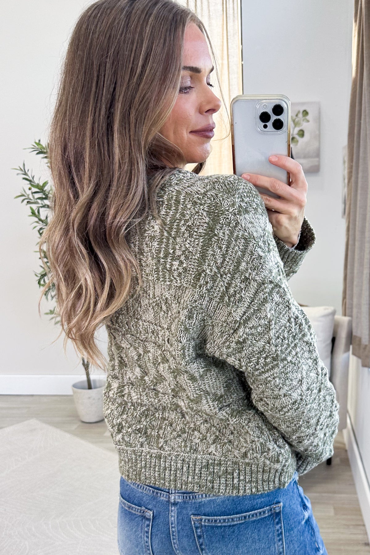 Heathered Olive Cable Knit Crewneck Sweater