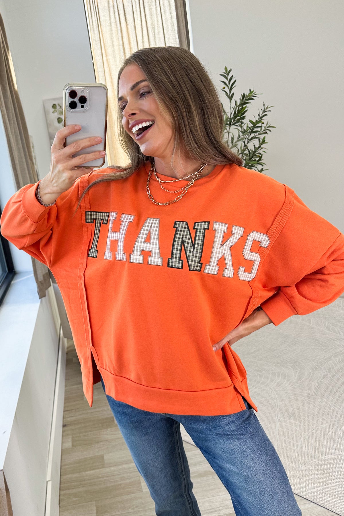 Orange Plaid Thanks Patchwork Pullover Top