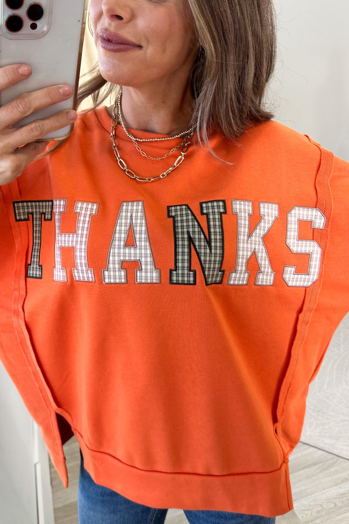 Orange Plaid Thanks Patchwork Pullover Top