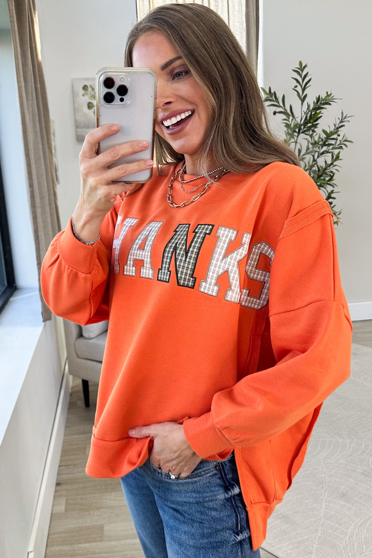 Orange Plaid Thanks Patchwork Pullover Top