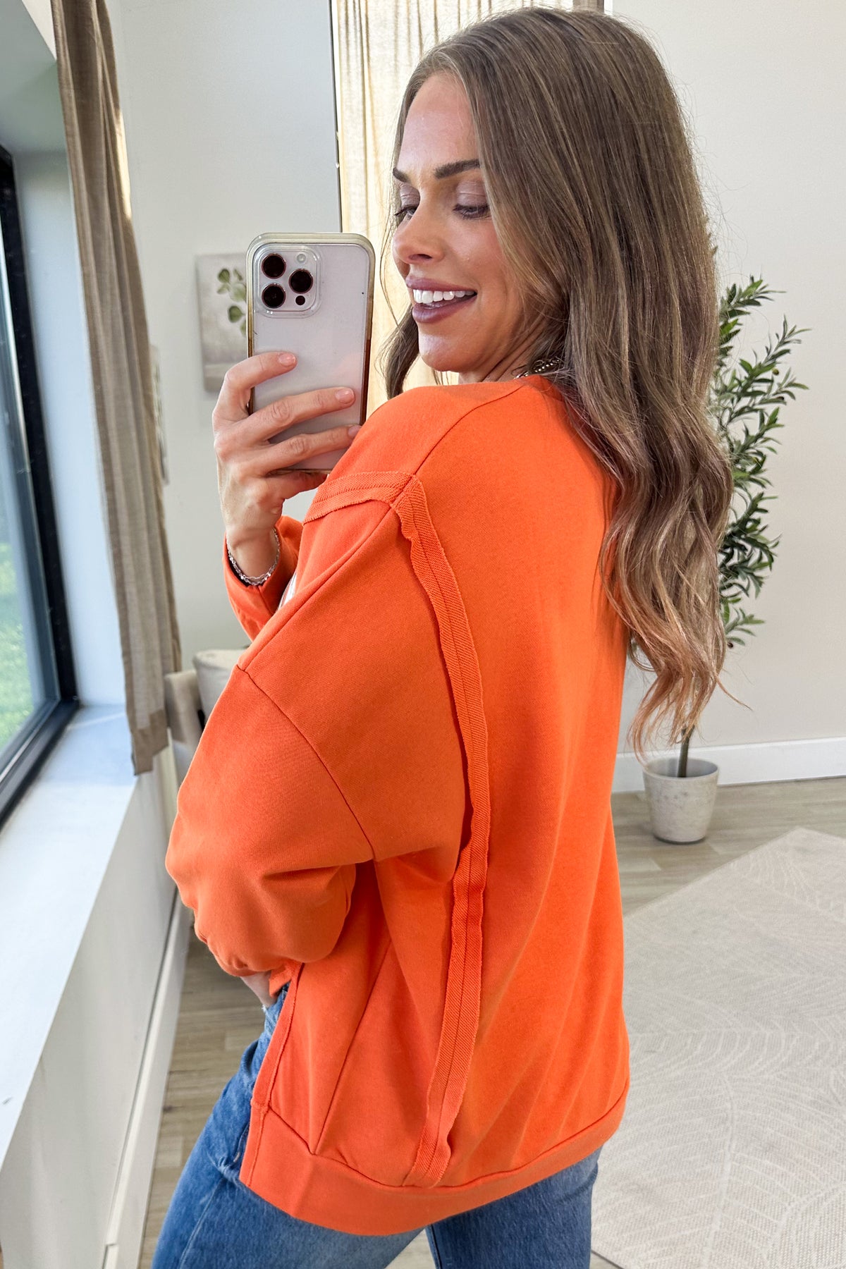 Orange Plaid Thanks Patchwork Pullover Top
