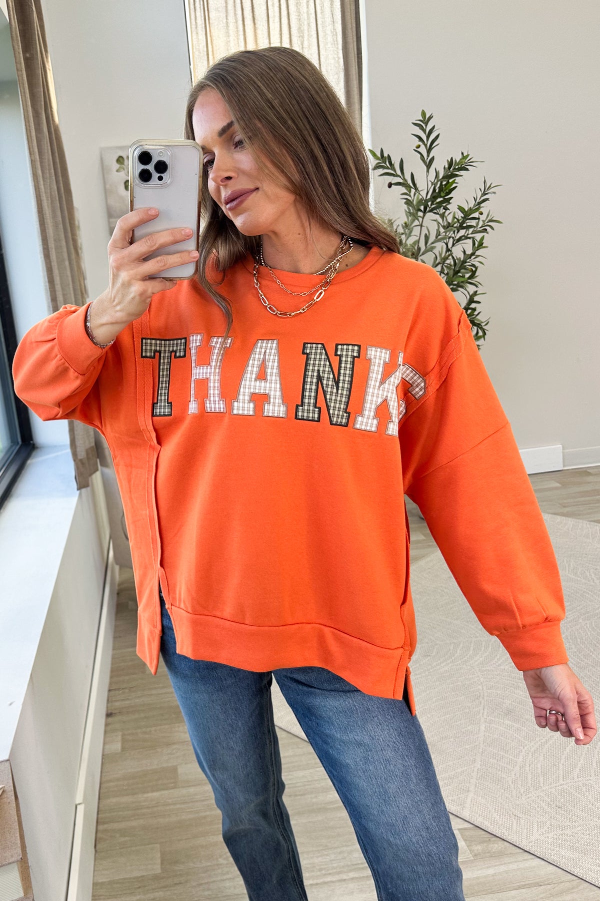 Orange Plaid Thanks Patchwork Pullover Top