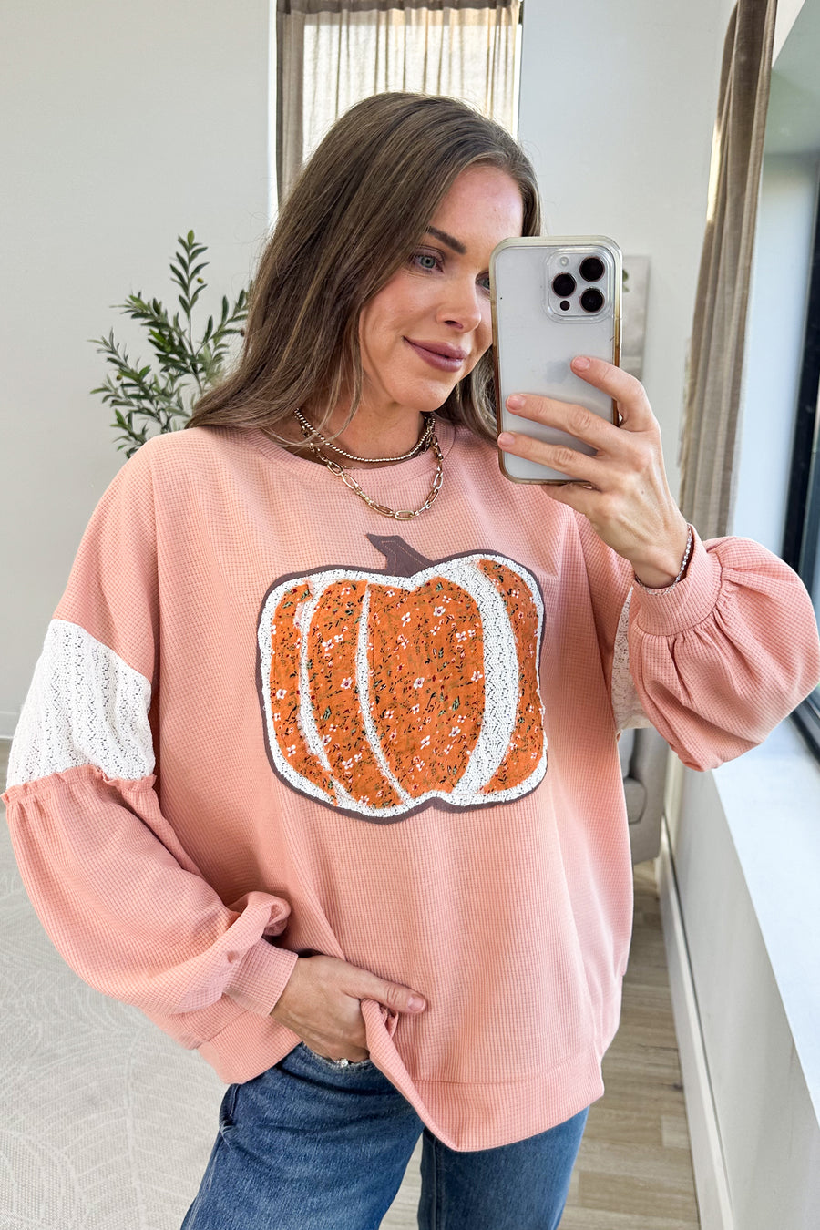 Peach Pumpkin Sequin Patchwork Waffle Knit Top