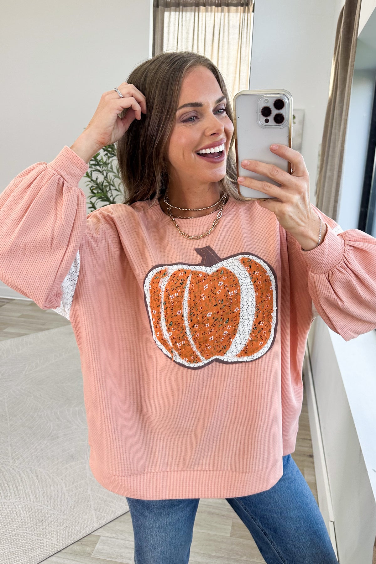 Peach Pumpkin Sequin Patchwork Waffle Knit Top