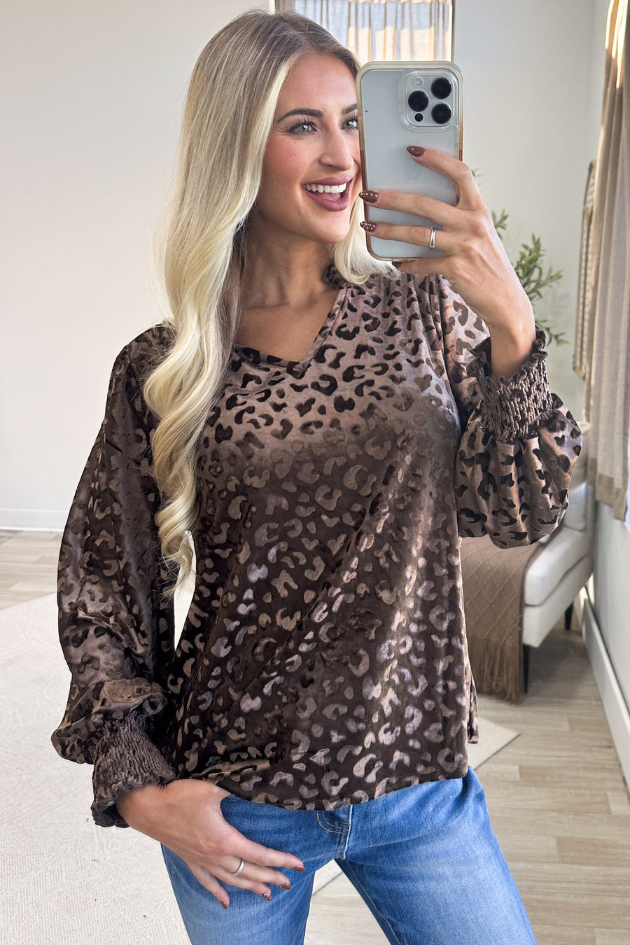 Staccato Brown V-Neck Ruffle Printed Long Sleeve Knit Top