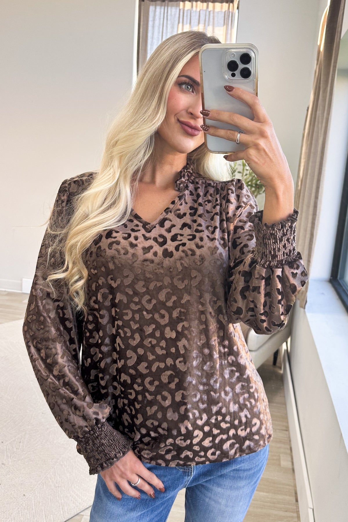 Staccato Brown V-Neck Ruffle Printed Long Sleeve Knit Top